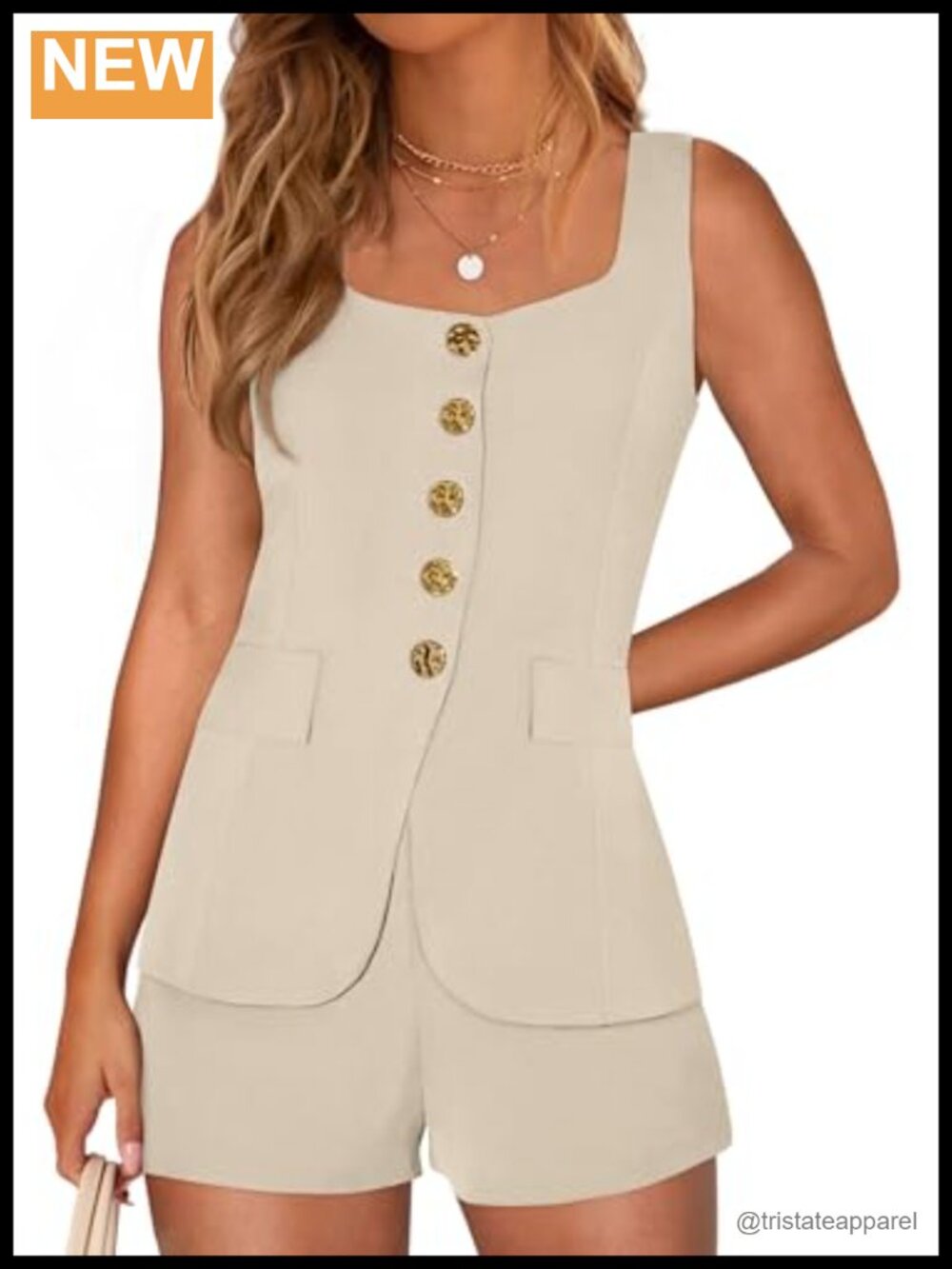 Womens Button Down 2 Piece Short Set Sleeveless Square Neck Vest Top